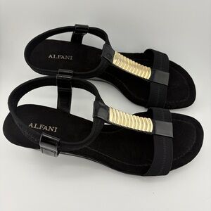 Alfani Women’s Black Elastic Strap Dress Sandals Gold Accent Size 7M
